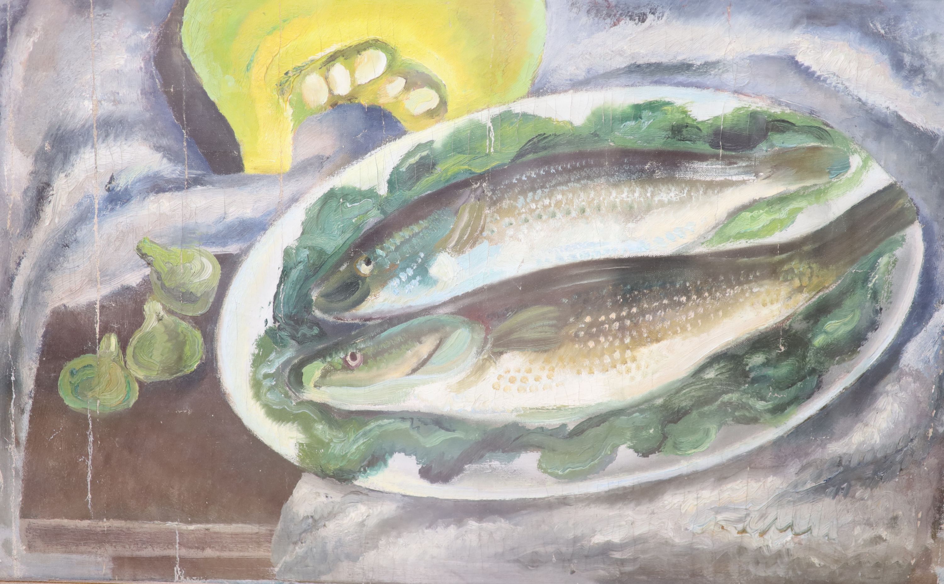 Early 20th century Continental School, still life with fish, oil on canvas (backed), framed and glazed, 37 x 59 cm